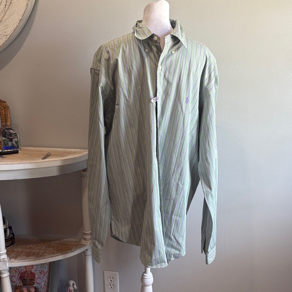 [Ralph Lauren] Men's Light Green Striped Shirt - Size XL